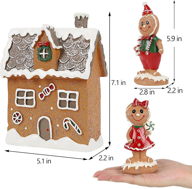 Lulu Home Christmas Tabletop Decorations, Resin Gingerbread House and 2 Gingerbread Men Figurines Adorn with Candy Cane Wreath for Indoor Holiday Fireplace Shelf Ornaments Display