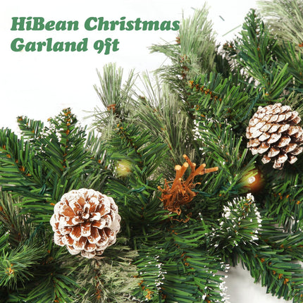 9 FT Prelit Christmas Garland with Pine Cones, Artificial Snowy Pine Garland for Christmas 50 Battery Operated Warm Lights and Timer Xmas Garlands Decor Indoor Outdoor
