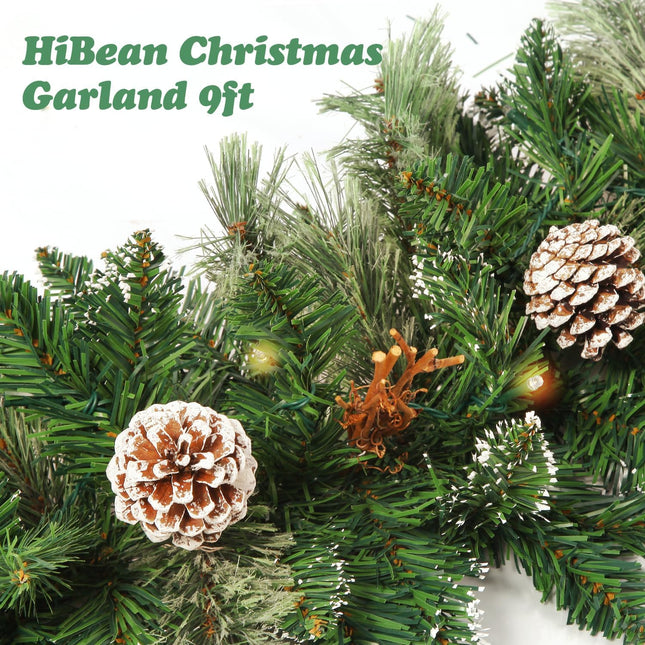 9 FT Prelit Christmas Garland with Pine Cones, Artificial Snowy Pine Garland for Christmas 50 Battery Operated Warm Lights and Timer Xmas Garlands Decor Indoor Outdoor