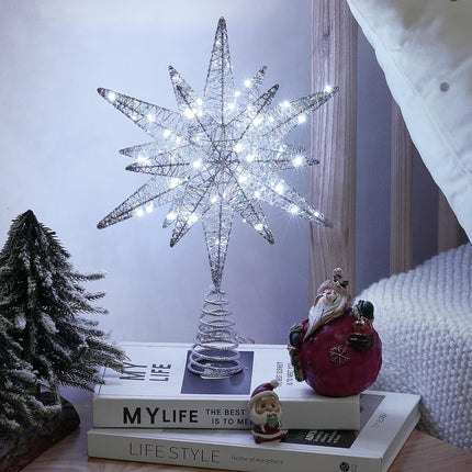 Luxspire Christmas Tree Topper, Double-Layer Glitter Metal 3D Lighted Tree Topper with USB Plug in & Remote Control, 10.6" Christmas Decorations Lights for Home Party, Silver