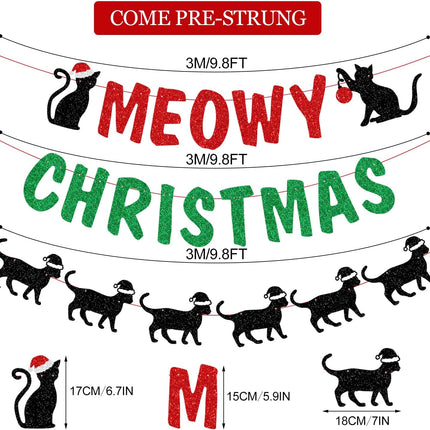 Glittery Meowy Christmas Banner Cat Themed Christmas Party Banner Decorations for Wall Fireplace Party Decor Supplies