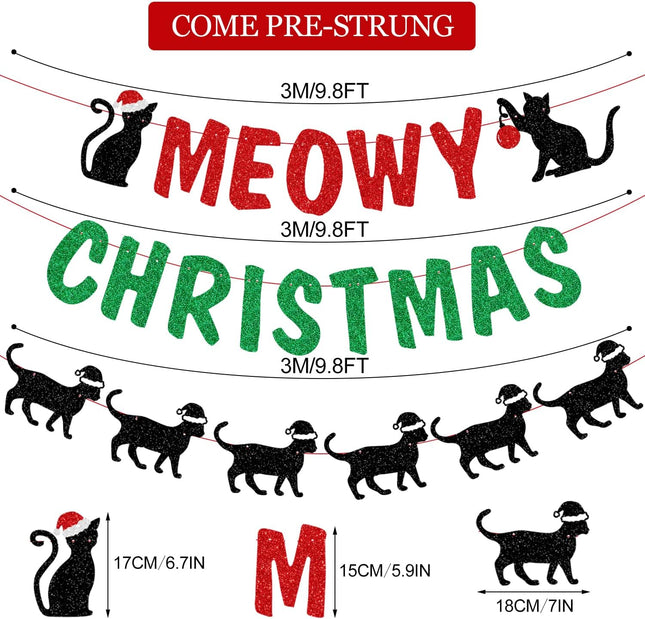 Glittery Meowy Christmas Banner Cat Themed Christmas Party Banner Decorations for Wall Fireplace Party Decor Supplies