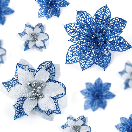 ilauke 24Pcs Poinsettias Artificial Christmas Flowers, 6" Glitter Artificial Christmas Flowers with 30 Sliver Clips, for Xmas Tree Ornaments Wedding Party Wreath Decor (Blue)