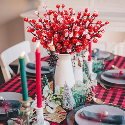 24 PCS Artificial Holly Berry Stems, 21cm Frosted Red Beery Stems Picks for Christmas Tree DIY Supplies Flower Wreath Craft Xmas Garland Home Table Centerpiece Decoration