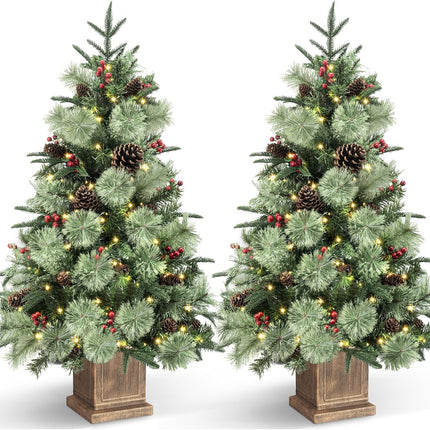 Jin&Bao 4FT Potted Christmas Tree with 100 Lights, Artificial Christmas Tree Outdoor Decor 8 Mode Timer Waterproof with Long Pine Cones & Red Berries for Front Door, Porch, 2 Pack