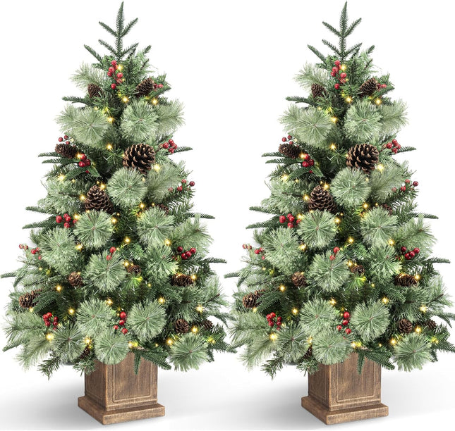 Jin&Bao 4FT Potted Christmas Tree with 100 Lights, Artificial Christmas Tree Outdoor Decor 8 Mode Timer Waterproof with Long Pine Cones & Red Berries for Front Door, Porch, 2 Pack