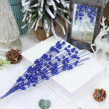 30-Pack Christmas Picks and Sprays Blue Artificial Glitter Berry Stems Branches Twigs Sticks Sprigs Christmas Tree Decorations, Ornaments for Garland, Wreath, Flowers and Tree Topper
