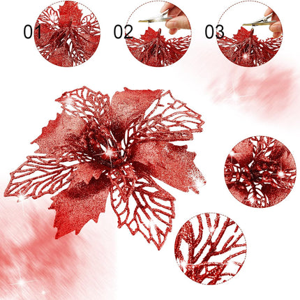 Whaline 24Pcs Christmas Poinsettias Xmas Red Glitter Artificial Flowers with 24Pcs Clips for Wreath Xmas Tree Ornament Wedding Party Decor