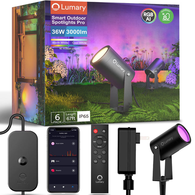 Lumary Smart Landscape Lights Pro 500LM, 6 Pack Color Changing Landscape Spot Lights IP65 Waterproof, RGBAICW Low Voltage Outdoor Lights for Christmas Decoration Yard, APP/Remote/Voice Control (65FT)