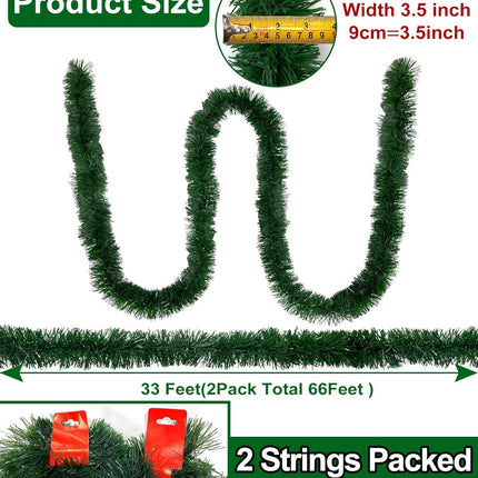 TURNMEON 2 Pack Total 66 Foot Christmas Garlands Greenery Decorations, Each 33 Ft Artificial Soft Green Pine Xmas Garland for Stairs Mantle Fireplace Christmas Decoration Outdoor Indoor Home Holiday