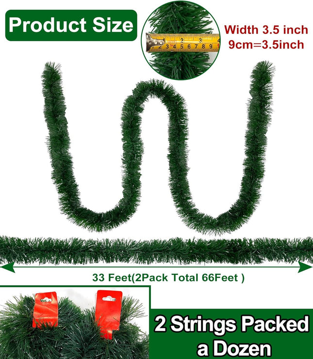TURNMEON 2 Pack Total 66 Foot Christmas Garlands Greenery Decorations, Each 33 Ft Artificial Soft Green Pine Xmas Garland for Stairs Mantle Fireplace Christmas Decoration Outdoor Indoor Home Holiday
