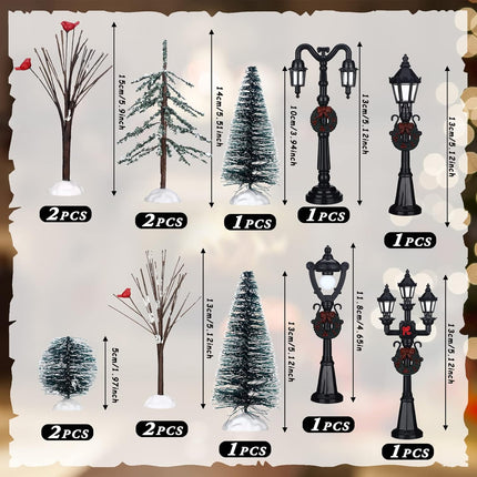 14 Pcs Christmas Accessories Village Figurine Miniature Pine Trees Snow Artificial Christmas Trees Bare Branch Trees Street Lights Lamps for Xmas DIY Crafts Winter Room Landscape (Vivid Style)