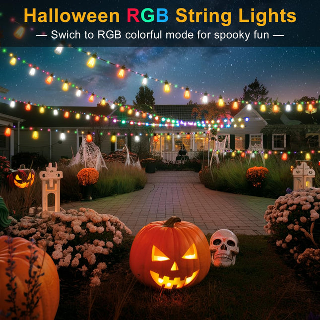 YAYZA 50FT Outdoor LED String Lights with 24 Shatterproof Bulbs 72 RGBW LED Beads, Remote 5-Color Dimmable & Timer Patio Lights, Outside Waterproof LED Hanging Lights for Christmas Trees Decoration