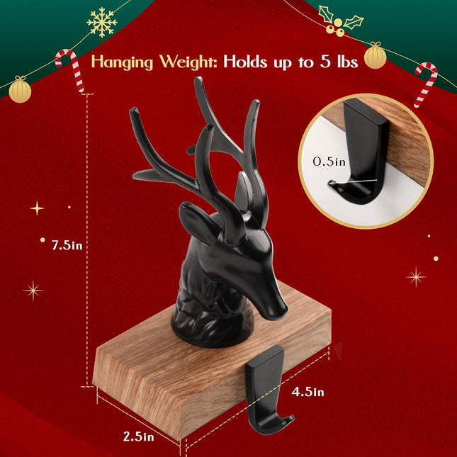 Christmas Stocking Holders for Mantle Set of 2, 3D Reindeer Xmas Fireplace Hanger Hooks Holiday Mantel Garland Clips Metal Grips Black