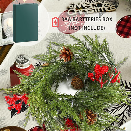 6FT Christmas Garland Artificial Red Berry Greenery Norfolk Pine Garland String Lights with 20 LED Light for Indoor Outdoor Home Mantle Xmas Holiday