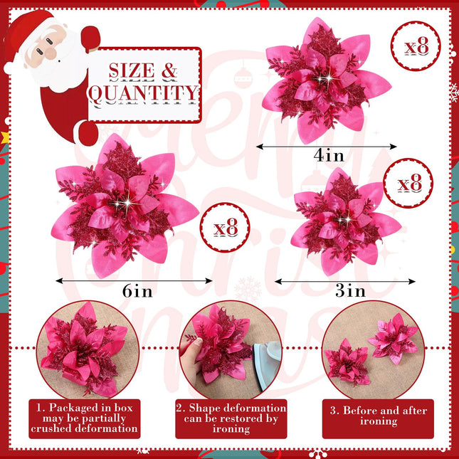 24 Christmas Glitter Artificial Poinsettia Flowers Xmas Poinsettia Artificial Wedding Flowers Decorations Xmas Tree Ornaments with Clips for Party Favors, 6 Inch, 4 Inch, 3 Inch (Fuchsia)
