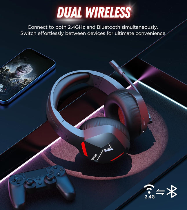 BINNUNE Wireless Gaming Headset with Microphone for PC PS4 PS5 Playstation 4 5, 2.4G Wireless Bluetooth USB Gamer Headphones with Mic for Laptop Computer
