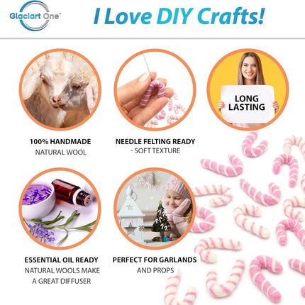 Glaciart One Mini Felt Candy Cane Decoration (Pink/White) - 1.18" (3cm) - Set of 20 - DIY Garland, Arts Crafts Supplies, Cute Home Decor for Christmas - Hand-Felted Natural Wool Material