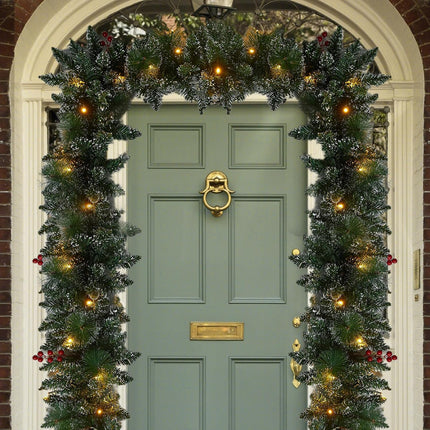 9 Ft Christmas Garland with Lights - Realistic Snow Prelit Christmas Garland with Pine Cones Red Berries Xmas Garland with Timer for Fireplace Railing Door Christmas Decor (Battery NOT Included)