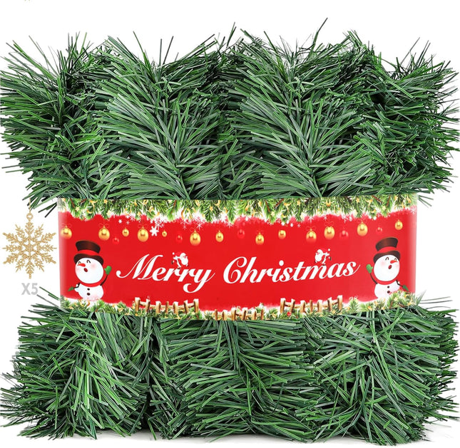 50FT Christmas Garland Christmas Decorations, Green Christmas Tree garland decor 5 Snowflakes, DIY Artificial Garland Holiday Outdoor Decorations for Stairs Railing, Fireplace, Staircase, Window, Door