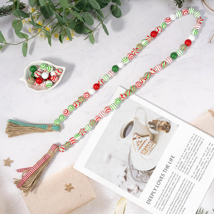 300 Pcs Christmas Wooden Beads Xmas DIY Craft Wood Beads Candy Cane Swirl Beads Red Green White 16mm Round Beads for Christmas Garland Jewelry Making Party Home Tree Decoration with Rope and Tassels