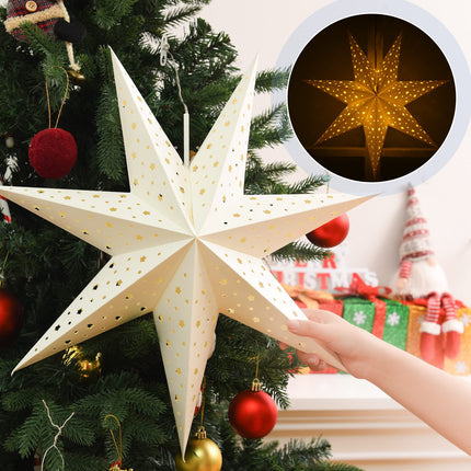 Christmas Star Paper Lantern 7 Pointed Star Paper Lantern with 10 LED Light String Hanging Pendant Lampshade Ornament for Weddings Holiday Birthday Home Decor 19.7 Inch(Classic,White)
