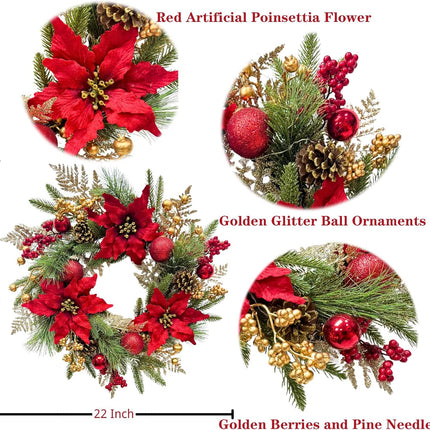 22 Inch Lighted Golden Glitter Christmas Wreath with Red Artificial Poinsettia Flowers Ball Ornaments Golden PineCones Berries for Door Wall Window Fireplace Holiday Decorations