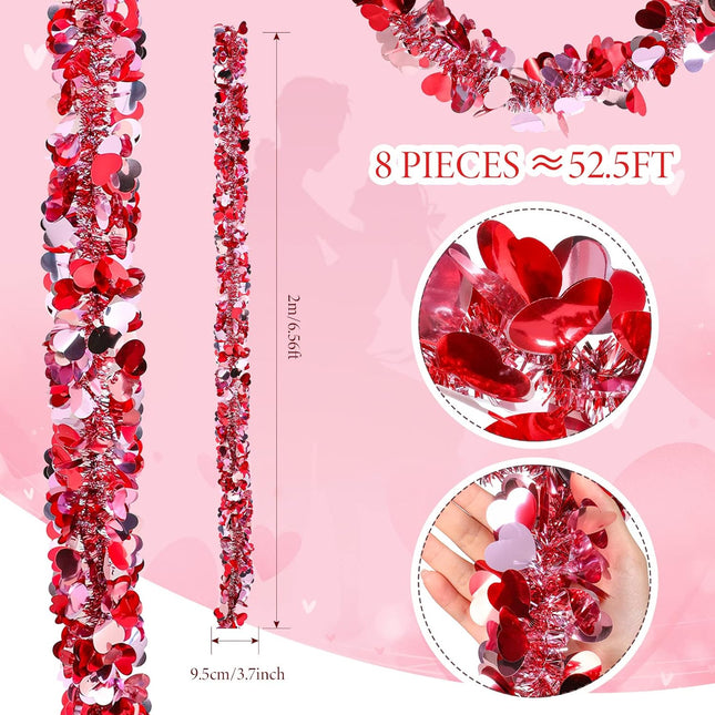 Valentines Shiny Heart Tinsel Garland 6.56 Feet Each Metallic Tinsel Twist Garland for Christmas Tree Ornaments Wreath Wedding Party Hanging Decoration(Rosy, Red, White,8 Pieces)