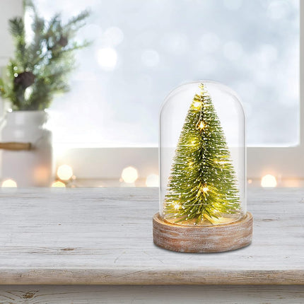 DEMDACO LED Snowy Tree Green and Tan 6.5 Inch Acrylic and Glass Christmas Figurine Cloche