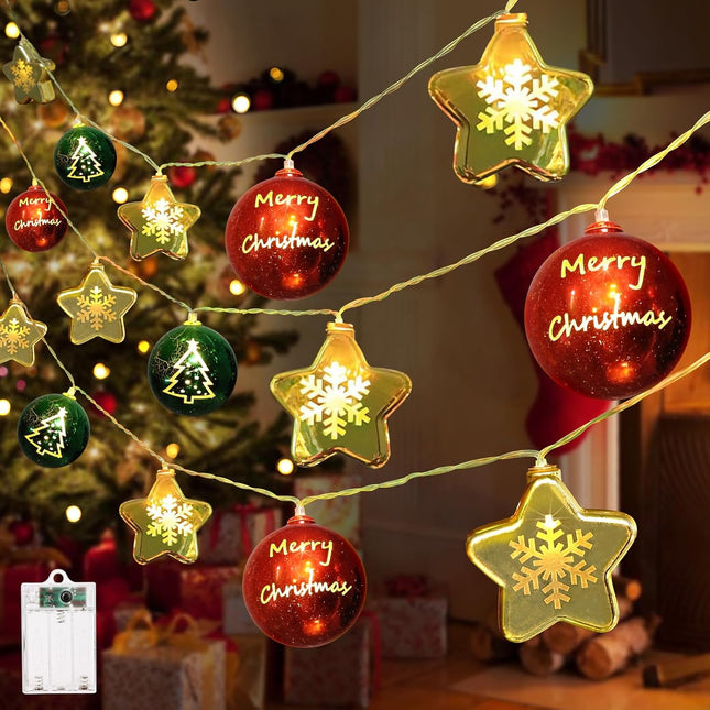 Christmas Decorations Lights, 13.5ft 20 Led Battery Christmas Lights with Timer & 8 Modes, Christmas Ball & Star Ornaments Lights for Xmas Tree Wreath Window Wall Home Garden Outdoor Indoor Decor