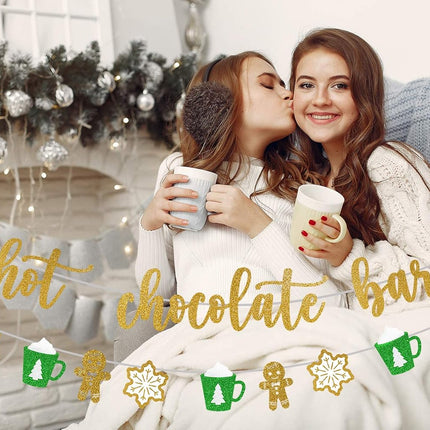 Hot Chocolate Bar Glittery Christmas Banner + Ginger Bread Men+ Snowflakes+ Xmas Cups with Marshmallows Bunting Garland Sign, Perfect Decoration for Merry Sparkly Party Supplies, Winter Theme Favors