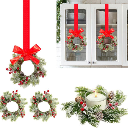 6Pcs 9" Christmas Wreaths Small Christmas Wreaths for Kitchen cabinets Mini Wreaths with Red Ribbon Christmas Candle Ring with Pine Cone, Red Berry & Pine Needle Decor for Christmas Decorations