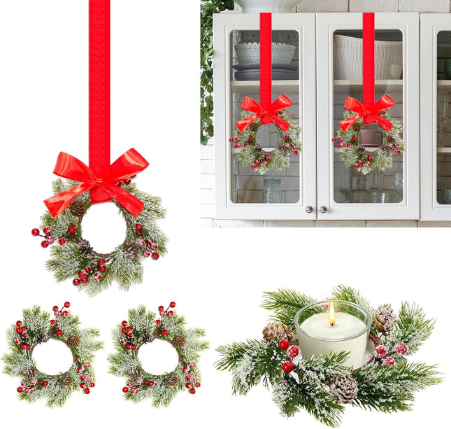 6Pcs 9" Christmas Wreaths Small Christmas Wreaths for Kitchen cabinets Mini Wreaths with Red Ribbon Christmas Candle Ring with Pine Cone, Red Berry & Pine Needle Decor for Christmas Decorations