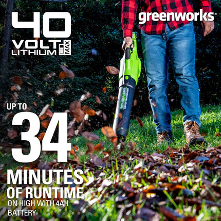 Greenworks 40V (550 CFM / 130 MPH) Brushless Axial Leaf Blower 4Ah USB Battery and Charger with 40V String Trimmer