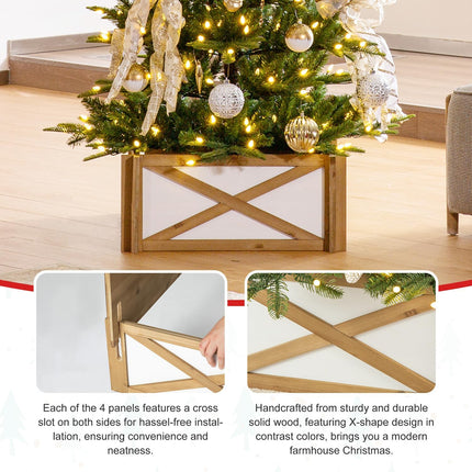 Glitzhome Farmhouse Wooden Tree Collar, 27.5" L Natural & White Christmas Tree Base Cover Xmas Tree Skirt Tree Box