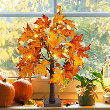 Dazzle Bright 2 Pack 24 Inch Lighted Thanksgiving Fall Maple Tree Decor, 24 LED Battery Operated Decorations Artificial Tree with Timer for Indoor Home Room Holiday Xmas Party