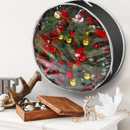 Aliceset 4 Pcs Christmas Wreath Storage Bags Large Garland Holiday Wreath Storage Containers with Window and Handle Zipper for Halloween Holiday Seasonal Storage Wrapping(24 x 24 x 7.8 Inch,Black)