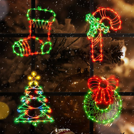 4 Pack Christmas Window Silhouette Lights, Lighted Candy Cane,Christmas Tree,Wreath and Christmas Stocking of Double Sided Decorations with 200 Count Incandescent Mini Light