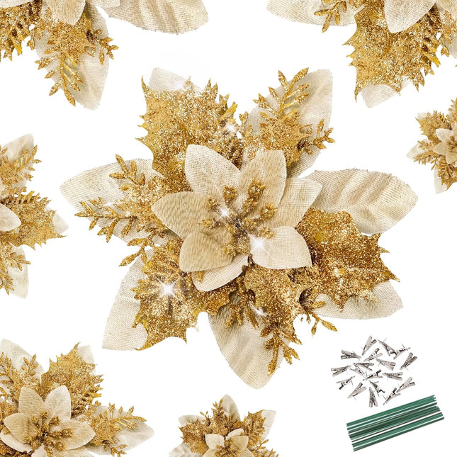 Christmas Tree Decor-18 Pcs 5.5" Poinsettias Artificial Christmas Flowers Picks with Clips Stems Xmas Ornaments for Christmas Wreaths Garland Home Party Decorations Gold
