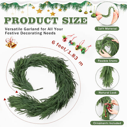 Christmas Norfolk Pine Garlands - Real Touch Greenery Garland Norfolk Pine Artificial Garland Faux Greenery Fake Garland for Holiday, Fireplace, Mantle, Indoor Wedding Christmas Holiday Decor