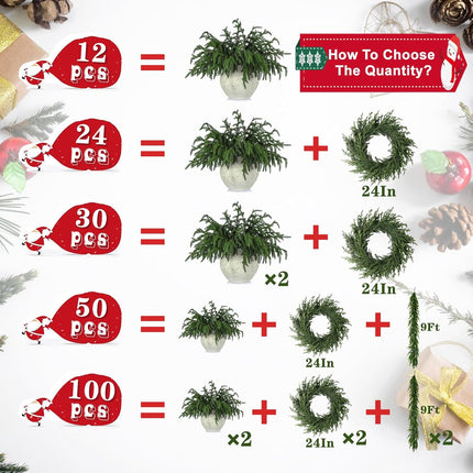 30 Pcs Realistic Christmas Pine Branches, Natural Droopy,Soft Bendable Christmas Pine Stems, Lifelike Cedar Stems for Vases, Wreaths,Garland Christmas Decorations，Christmas Thanksgiving Table Decor