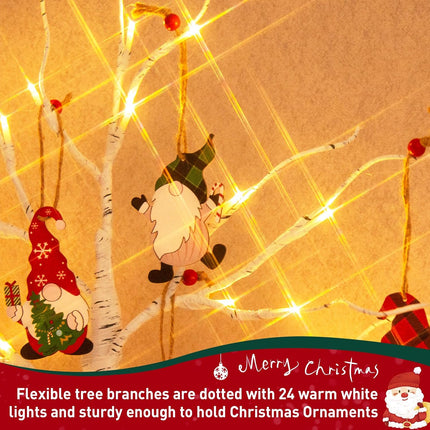 PEIDUO Christmas Decorations Indoor 2 FT 24 LT Lighted Birch Tree with 8 Christmas Gnome Ornaments Battery Powered with Timer for Home Table Party Festival Wedding Decor (2PK)