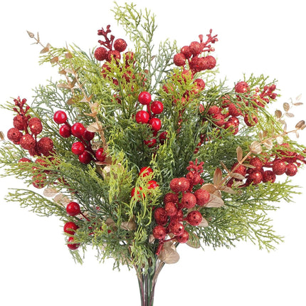 23 Pcs Christmas Artificial Pine Branches with Red Berry Stems, 14" Christmas Tree Branches, Christmas Artificial Flowers for Christmas Tree Wreath Garland DIY Crafts Holiday Home Decoration