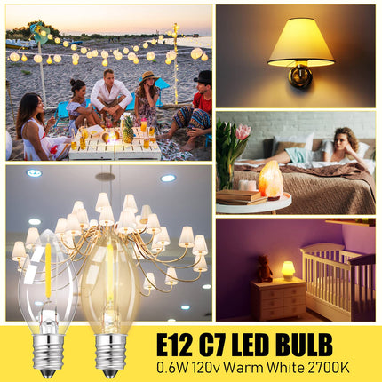 Macarrie 100 Pack C7 LED Night Light Bulb, E12 Chandelier Base, 0.6W Equivalent to 7W, Warm White 2700K, Night Light Bulbs Waterproof Replacement Bulbs for Christmas String Light (Clear)