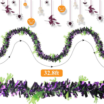 4 Pieces 32.8 Ft Halloween Ghost Tinsel Garland Green Purple Twist Garland Hanging Decorations for Halloween Holiday Birthday Party Supplies Indoor Outdoor Ornaments Home Decor
