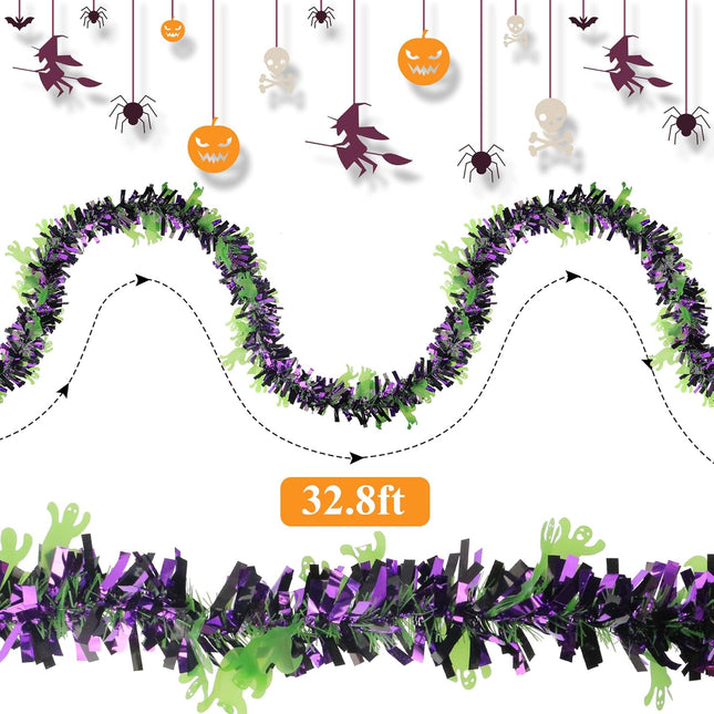 4 Pieces 32.8 Ft Halloween Ghost Tinsel Garland Green Purple Twist Garland Hanging Decorations for Halloween Holiday Birthday Party Supplies Indoor Outdoor Ornaments Home Decor