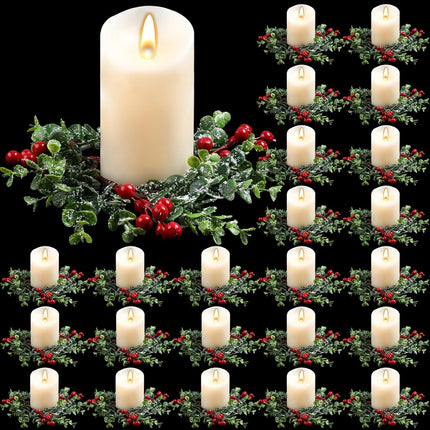 Lyrow 24 Pcs Christmas Candle Rings Artificial Candle Wreaths Garland Simulation Red Berries Xmas Mini Candle Holder for Pillars Rustic Wedding Centerpiece Table Closet Decorations