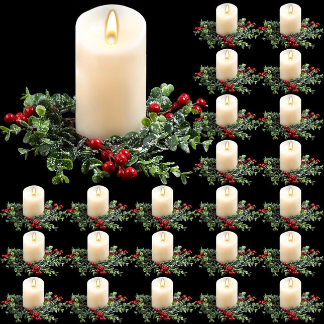 Lyrow 24 Pcs Christmas Candle Rings Artificial Candle Wreaths Garland Simulation Red Berries Xmas Mini Candle Holder for Pillars Rustic Wedding Centerpiece Table Closet Decorations