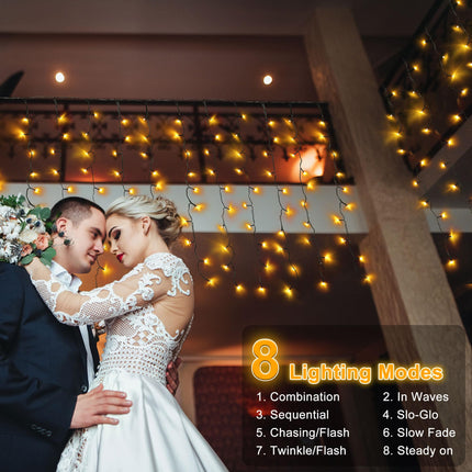 200 LED Curtain Lights, 13×3.3ft Plug in 8 Modes Window Hanging Fairy String Lights for Outside Bedroom Party Indoor Outdoor Wedding Reception Decorations Wall Halloween Christmas, Warm White