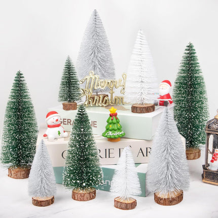 9Pcs Mini Christmas Tree, Bottle Brush Christmas Trees Wooden Base Table Decor with 4 Sizes, Artificial Tabletop Christmas Tree Indoor Village Decor Xmas Decorations(Green+Sliver+White)